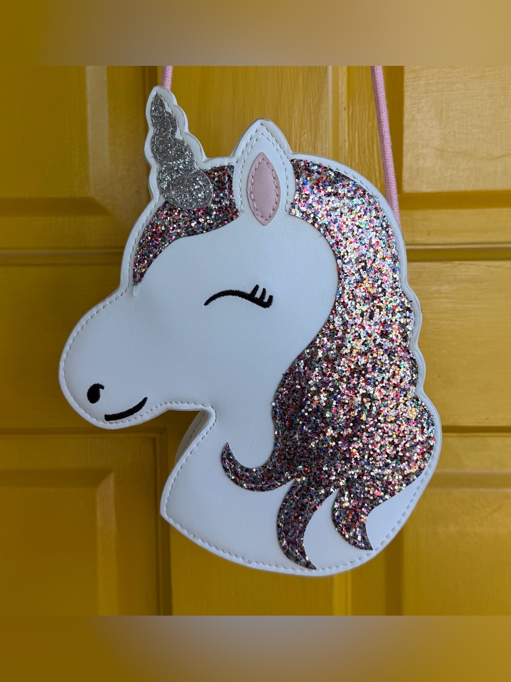 Kids White Unicorn Crossbody Bag with Pink Multicolor Glitter Mane
